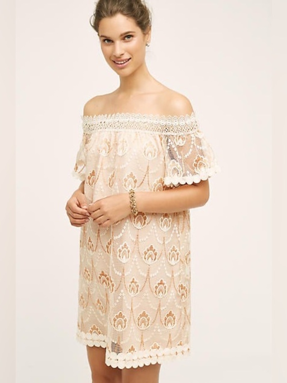 Anthropologie HD In Paris | Womens Beige Off Shoulder Avellanas Swing Dress XS
